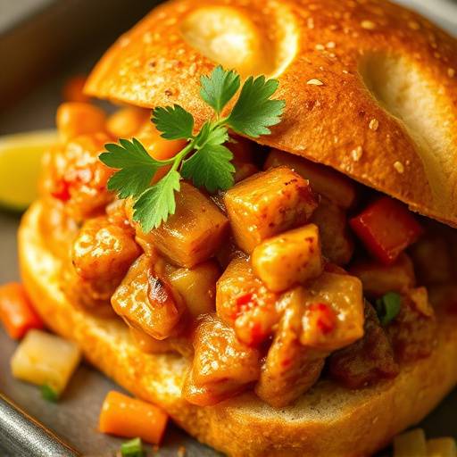 A close-up of a Bunny Chow, showing the curry-filled hollowed-out bread.