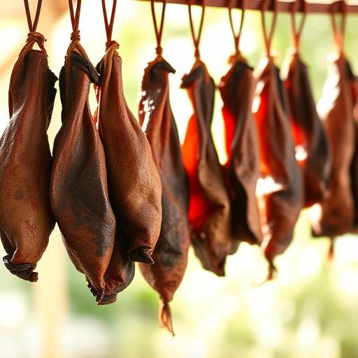 A close-up of homemade Biltong hanging to dry