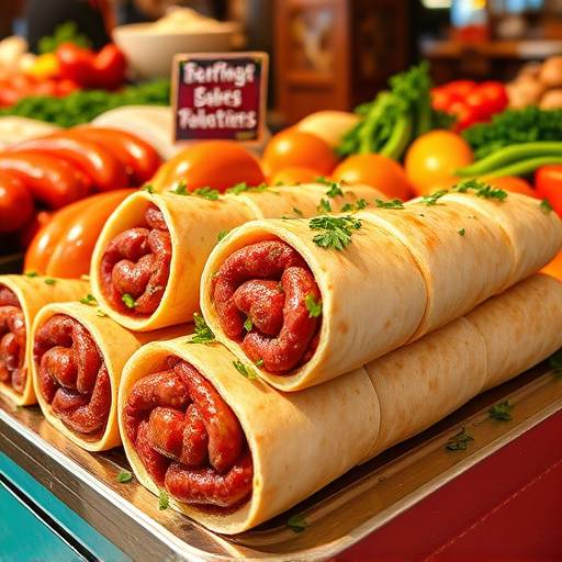 A colorful display of Boerewors rolls being prepared at a market.