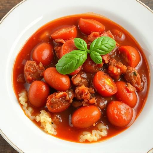 A delicious looking bowl of Tomato Bredie, capturing the rich red color and hearty texture.