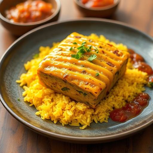A delicious serving of Bobotie with yellow rice and chutney