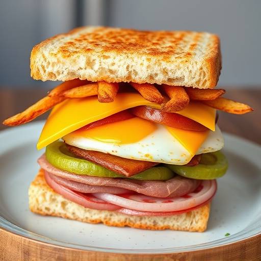 A Kota sandwich cut in half, showing the layers of fillings like fries, polony, cheese, and egg.