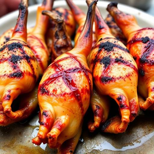 A plate of Walkie Talkies, displaying the chicken feet and heads seasoned and grilled.