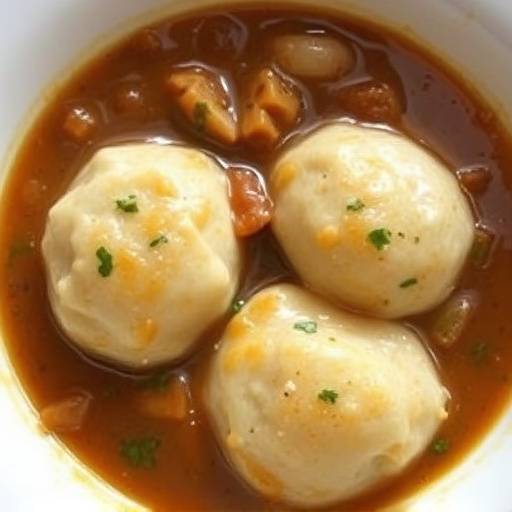 A steaming plate of Dombolo and Stew, showcasing the fluffy dumplings and rich gravy.