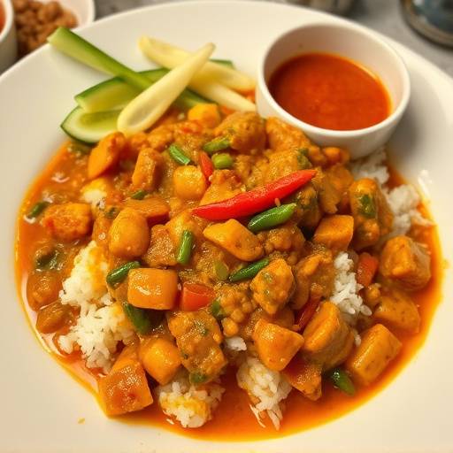 A table set for a family dinner, featuring Malay Curry served with rice and condiments.