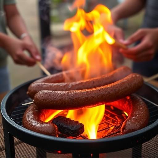 A vibrant image of Boerewors grilling on a braai, with families chatting around.