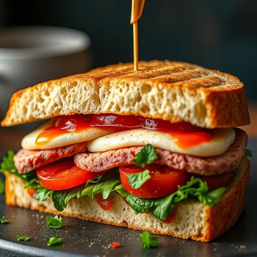 A vibrant photo of a Gatsby sandwich, packed with fillings and sauces.