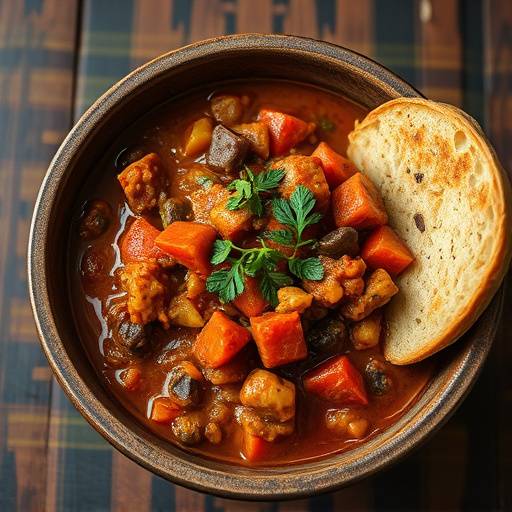 Chakalaka served in a bowl with bread.