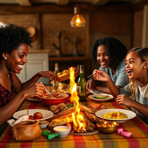 Family gathered around a table enjoying a South African meal.