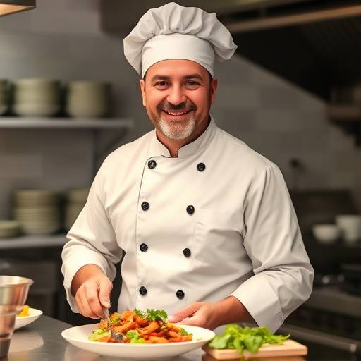 Image of a chef smiling in a kitchen, preparing a quick meal